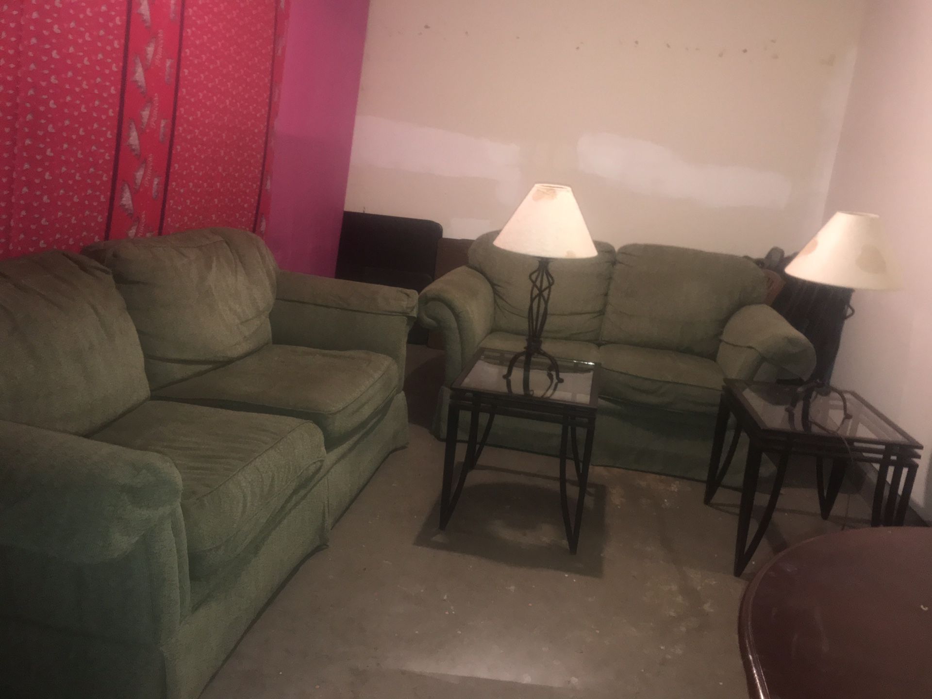 set of living room sofa and two tables and two lamps