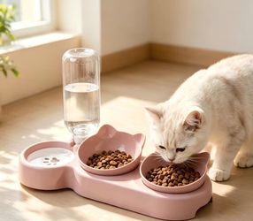 Premium Cat Dish Set with Water Bottle Feeder Attached 1 Count 5 Piece Set in Color Pink