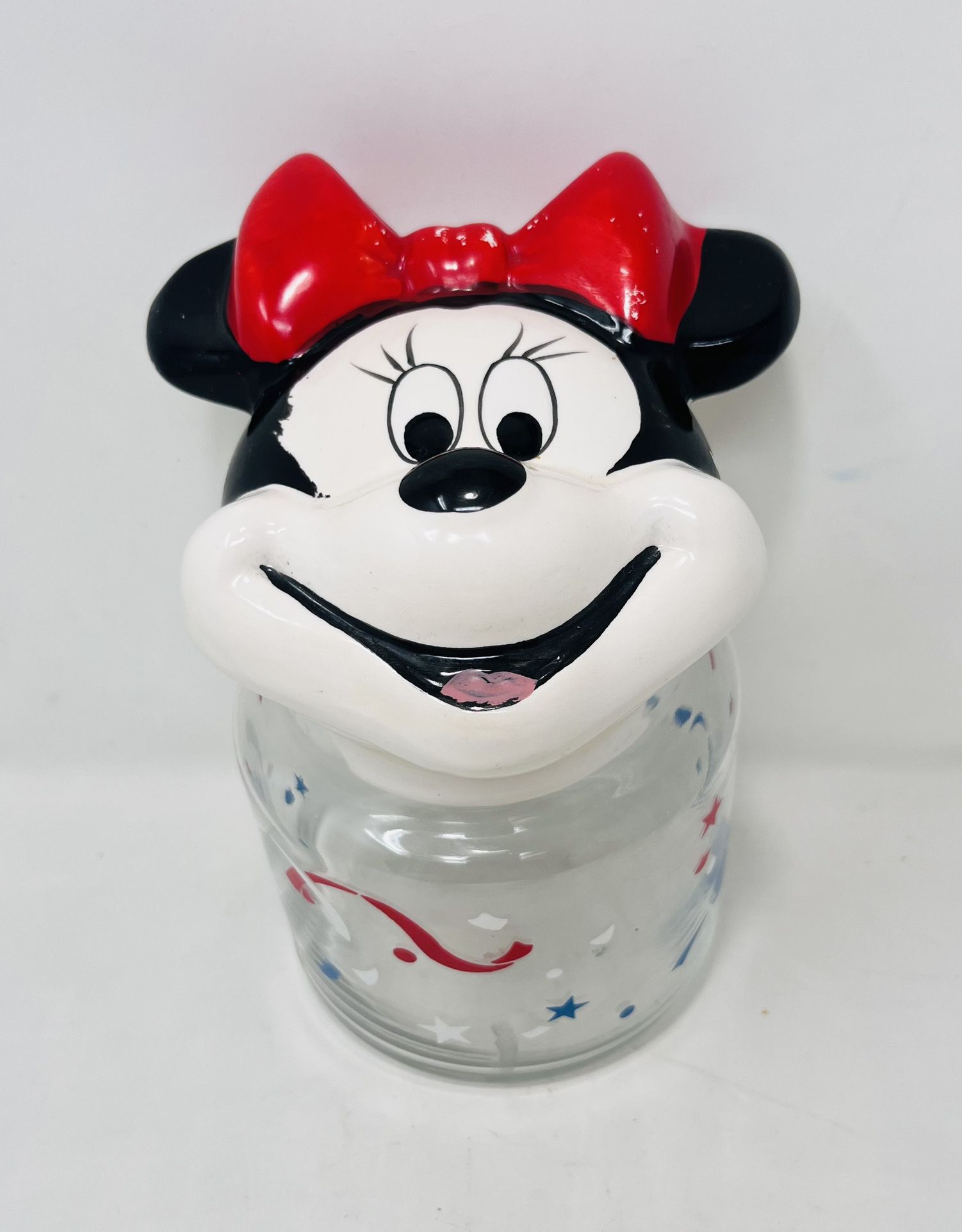 Disney Minnie Mouse Anchor Hocking Glass Candy Jar Canister Ceramic Lid VTG 1970