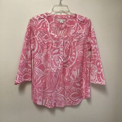 Women’s BANANA REPUBLIC 100% Cotton Thin Light Weight Pink & White 3/4 Sleeve Pullover Top… Size Small