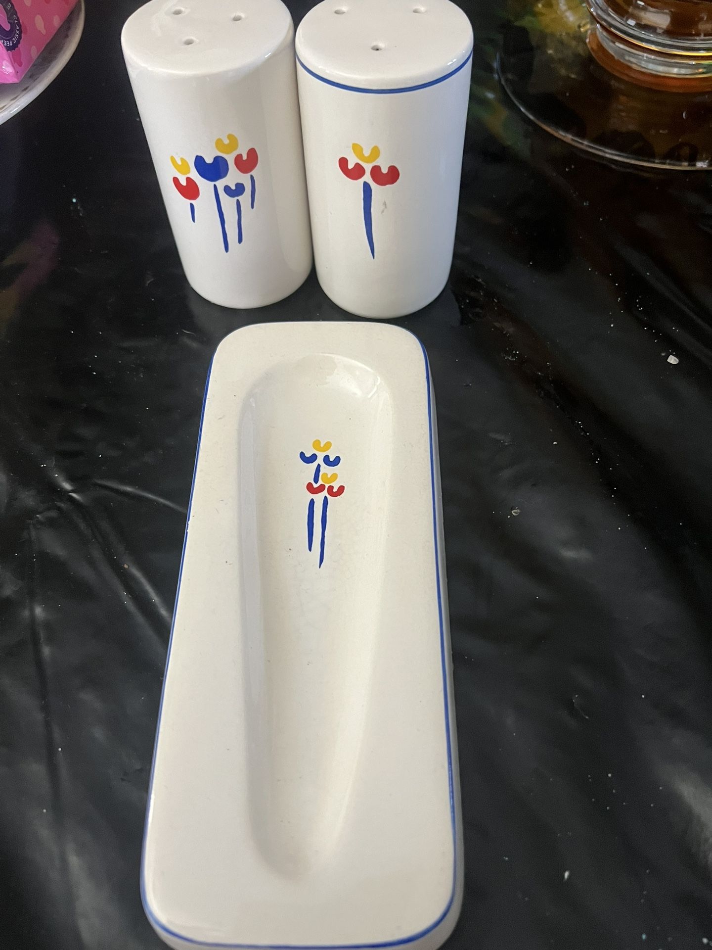 Vintage Riva  Designs  Salt N Pepper Shakers And Spoon Rest.