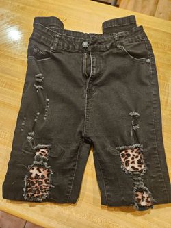 Black Distressed Skinny Jeans with Leopard Print Patches