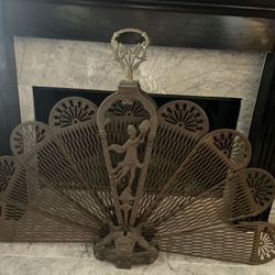 Vintage Art Deco Fireplace Screen Brass Ornate Peacock Folding Fireplace Fan