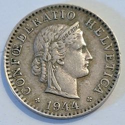 WWII Era 1944 Switzerland 20 Rappen Coin