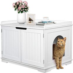 Cat Litter Box Enclosure, Cat Litter Box Furniture Hidden, Wooden Cat Litter Cabinet with Divider, Modern Cat Washroom Storage Bench，White