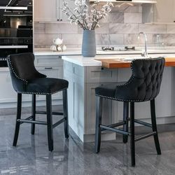 New set of 2 Black velvet barstools, tufted back, nailhead design