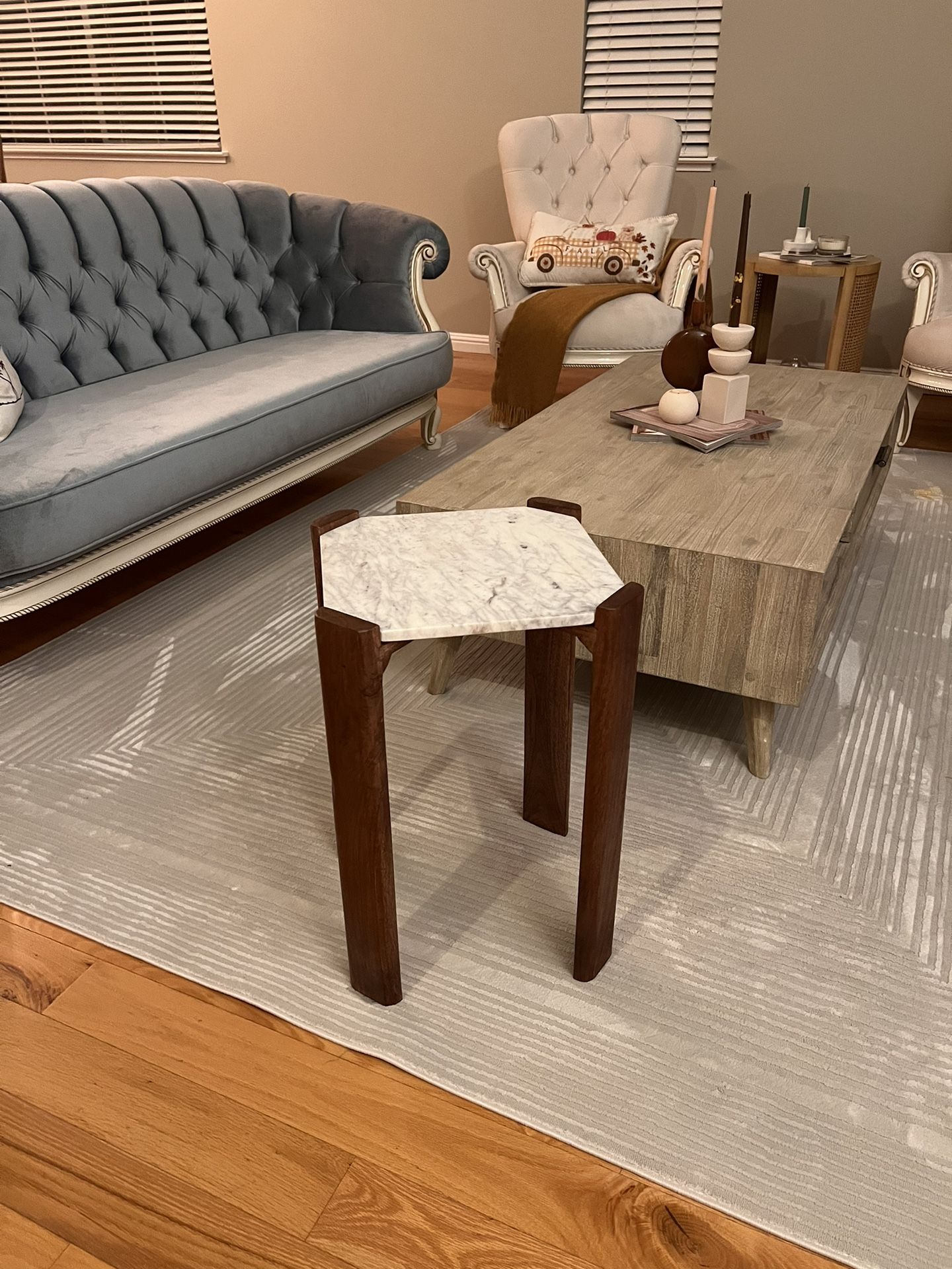 Real Marble & Solid Wood Side Table