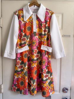 Orange 1960s Lapel Flowers Patchwork Dress Long sleeve