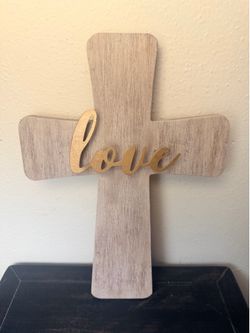 Wooden Cross with Metal Love Sign Decor