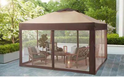 New Hampton Bay Stockton 11 ft. x 11 ft. Brown Outdoor Patio Pop-Up Canopy with Netting