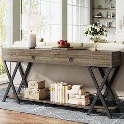 New assembled 71 Console Table with Storage, Large Sofa Table with Drawers, Farmhouse Entryway Table with Shelves, Industrial Hallway Table, Long fory