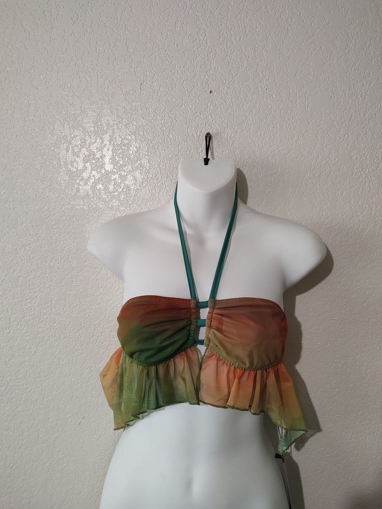 Shein Bikini Top XS Chiffon Fringe Green And Orange Nwt