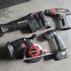 Coleman Powermate 18V cordless circular saw, 18V cordless flashlight, 18V cordless drill and 18V Saw