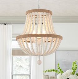 New 15.75”W 3-Light Boho Chandelier Wood Bead Antique Rustic Pendant Adjustable Height Dimmable