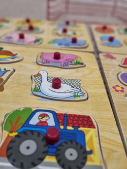 Wooden Peg Puzzles 4-Pack Puzzle Set with Rack, educational learning montessori puzzel toddler toy