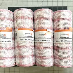 4 Rolls Of 9.5in X 19ft Poly Burlap Mesh Pink&White