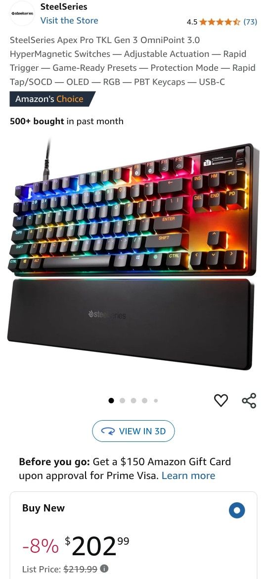 SteelSeries- Apex Pro TKL Gen 3 Full Size, Wired, Mechanical, OmniPoint Gaming Keyboard w Rapid Tap