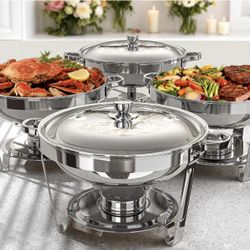 New Chafing Dishes for Buffet 4 Pack, 5Qt Round Chafing Dish Buffet Set [Elegant and Smooth Design] Stainless Steel Chafing Dish for Weddings and Part