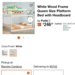 White Wood Frame Queen Size Platform Bed with Headboard 