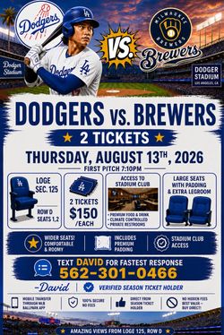 Dodgers versus Brewers Thursday, August 13/Lou section 125