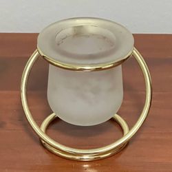 Vintage PartyLite Votive Tealight Frosted Glass Duo Gold Brass Interlocking Rings Candle Holder