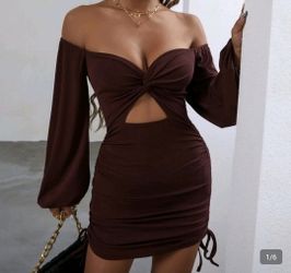 S Brown Ruched Off Shoulder Dress