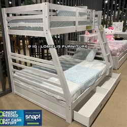 Twin/Full Brush White Bunk bed w. Drawers & Orthopedic Mattresses Included 