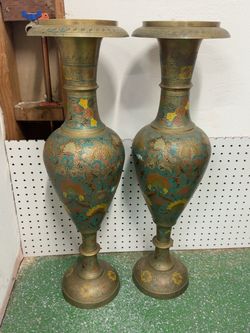 Pair of Large Brass Enamel Floral Vases