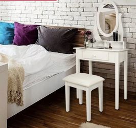 3 Drawer Vanity Table Set Dressing Table with Cushioned Stool Makeup Table White FREE SHIPPING
