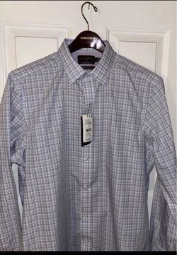 New $69 on tag Men's Blue Cotton Dress Shirt 16-1/2 36 Non-Iron Fitted NWT $69 Black Brown 1826 brand