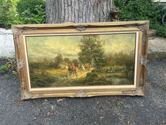 Large Vintage Framed Oil Painting – English Fox Hunt Scene (Approx. 4’ x 3’)