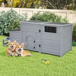 Outdoor Wood Dog House 2-in-1  with Feeding Bowls, Large Dog Kennel, Gray, NEW
