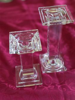Set of 2 Shannon 24% Lead Crystal  7" & 5-1/2"  Square Pedestal Candle Holders