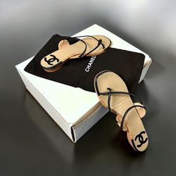 Chanel Women’s Taupe Brown Black Loop Braided Straps Cork Sandals Sz 6.5 / 37