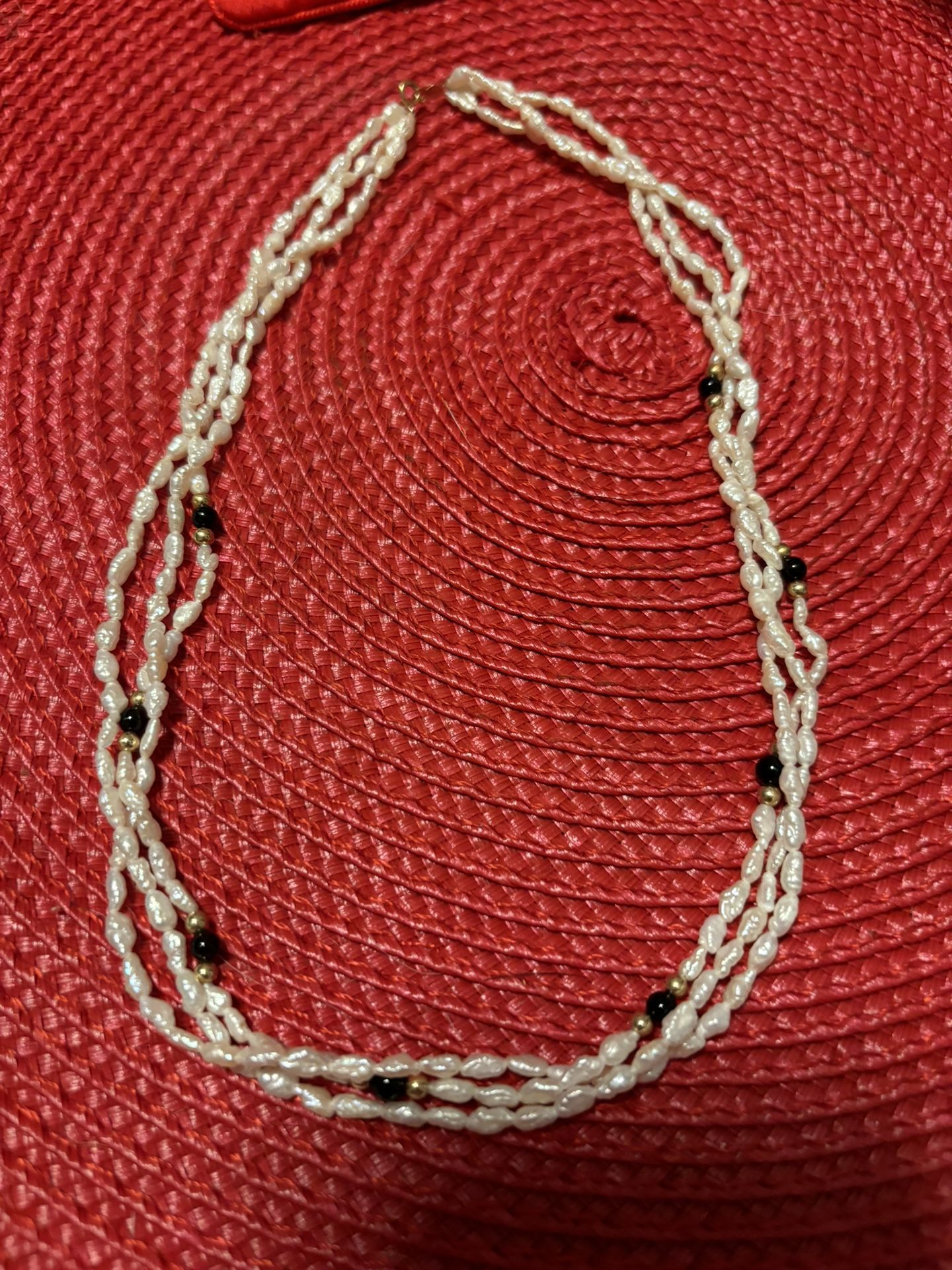 3 Strand Vintage Fresh Pearl With 14K Gold Beads And Onyx