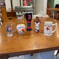 Red Sox Glasses, 2004 W/S Champs, Coozie ,tall Sox Beer Glass , David Ortiz Figure,1975 East Division Champ’s  Mug With Players Listed On Back Side 
