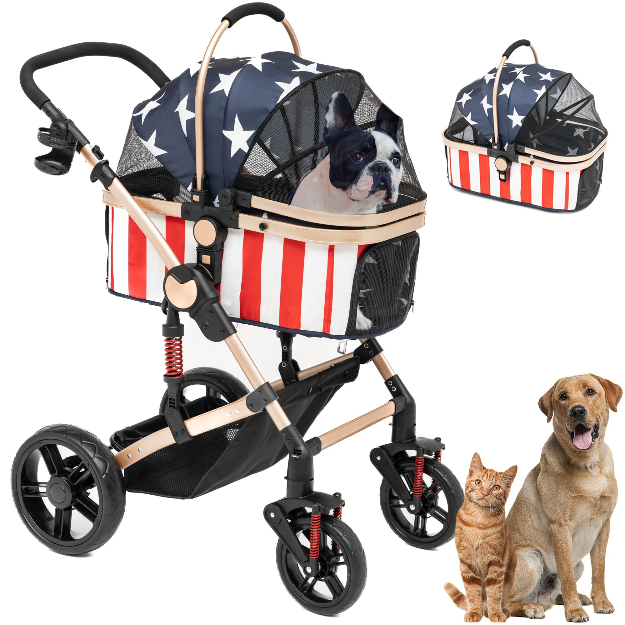 Pet Stroller,Dog Stroller 3 in 1 For Medium Small Dogs With Storage Basket And Cup Holder