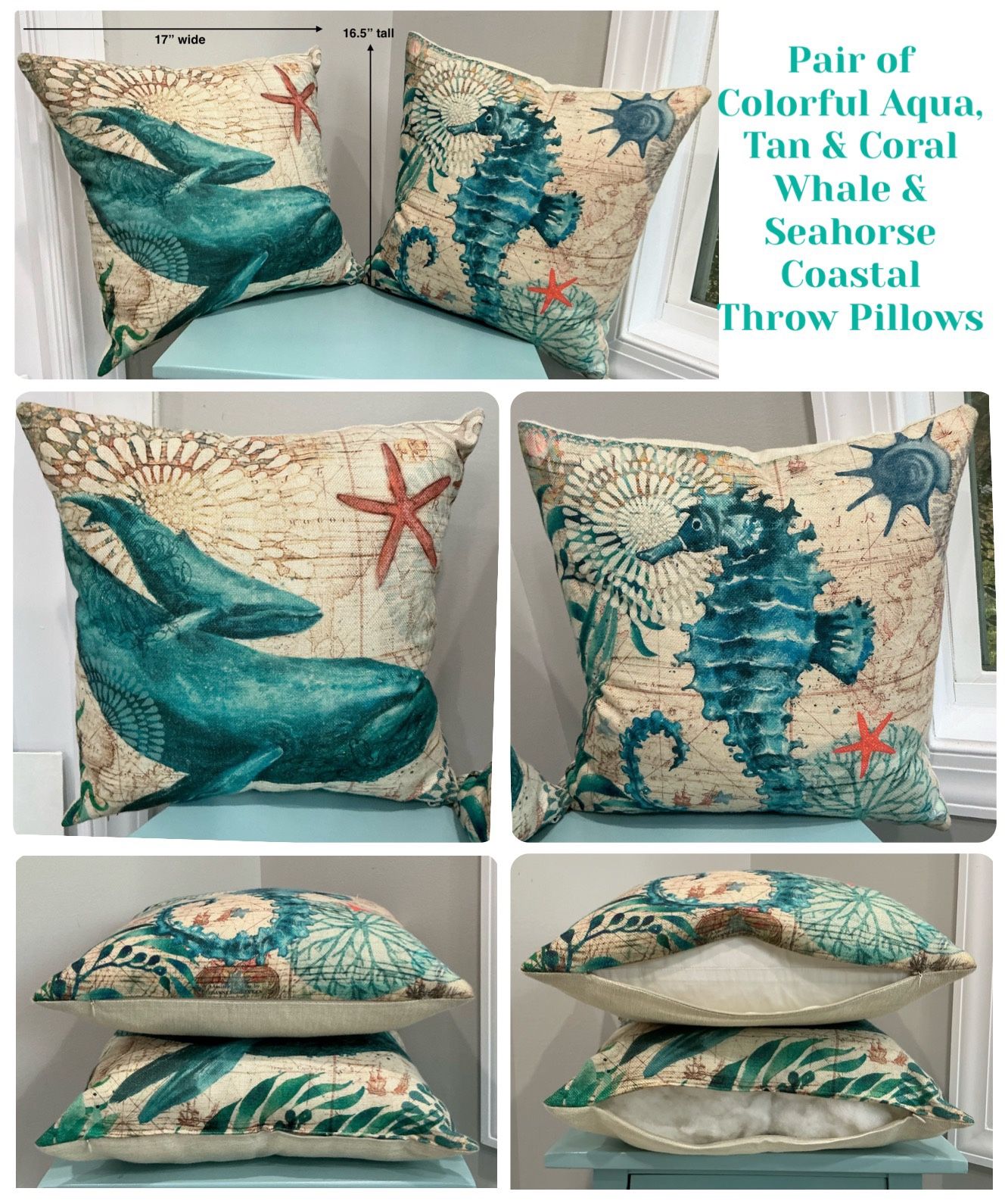 Pair of Colorful Aqua, Tan & Coral Whale & Seahorse Coastal Throw Pillows 