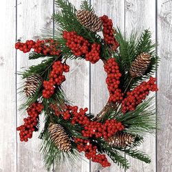 Christmas Berry Pine Cone Wreath - Woodsy Country Xmas with Pinecones, Red Berries and Pine Stems Seasonal Holiday Decoration Front Door -