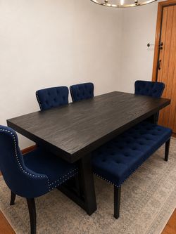 Black Dining Table Set with 4 Navy Blue Chairs & Bench