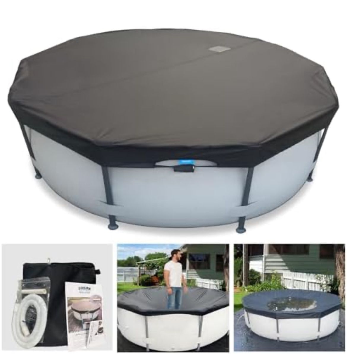 24 Ft Pool Cover, with Automatic Drain Round Pool Cover, One-Piece Quick Installation and Removal Above Ground Pool Cover, Preventing Waterlogging, UV