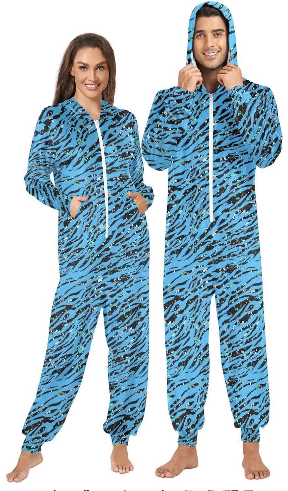 Gugusary Blue Tiger Adult Unisex Onesie Pajamas Hooded Costume Sleepwear Jumpsuit Matching Pjs 