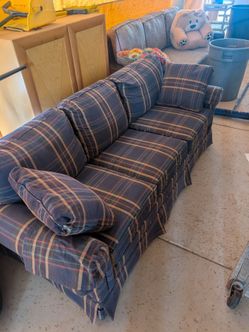 Blue Plaid Upholstered Sofa