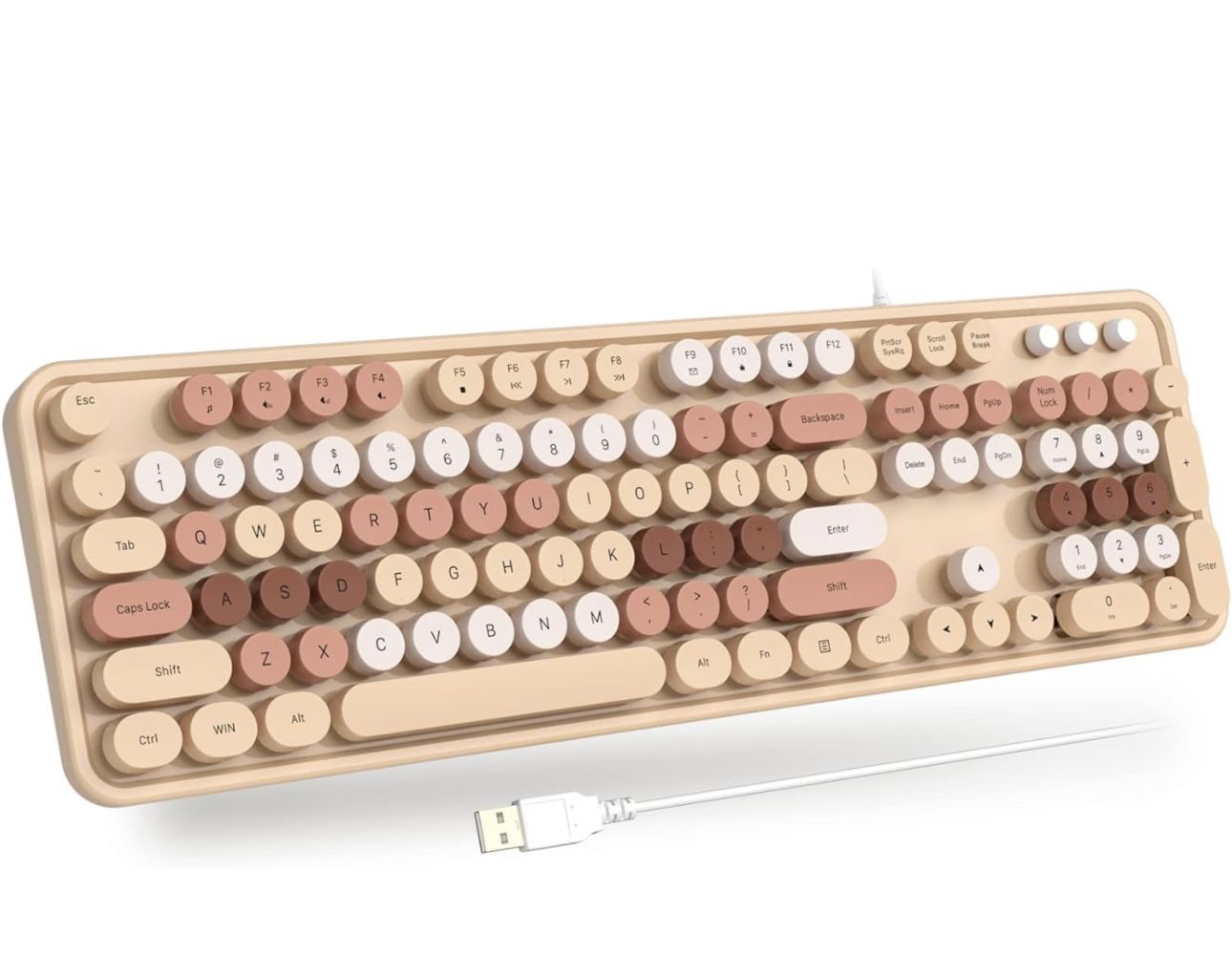 Computer Wired USB Keyboard - Milk Tea Full-Size Round Keycaps Retro Typewriter Keyboards, for Windows, PC, Laptop, Desktop, Mac