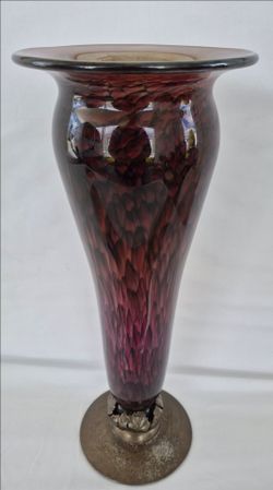 Large Purple Amethyst Glass Vase Metal Leaf Base