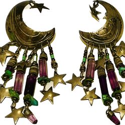 HUGE 4." Tabra Vintage Shoulder Duster Moon & Stars Earrings.