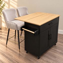 Modern Rolling Kitchen Island  with storage, towel holder and side bar