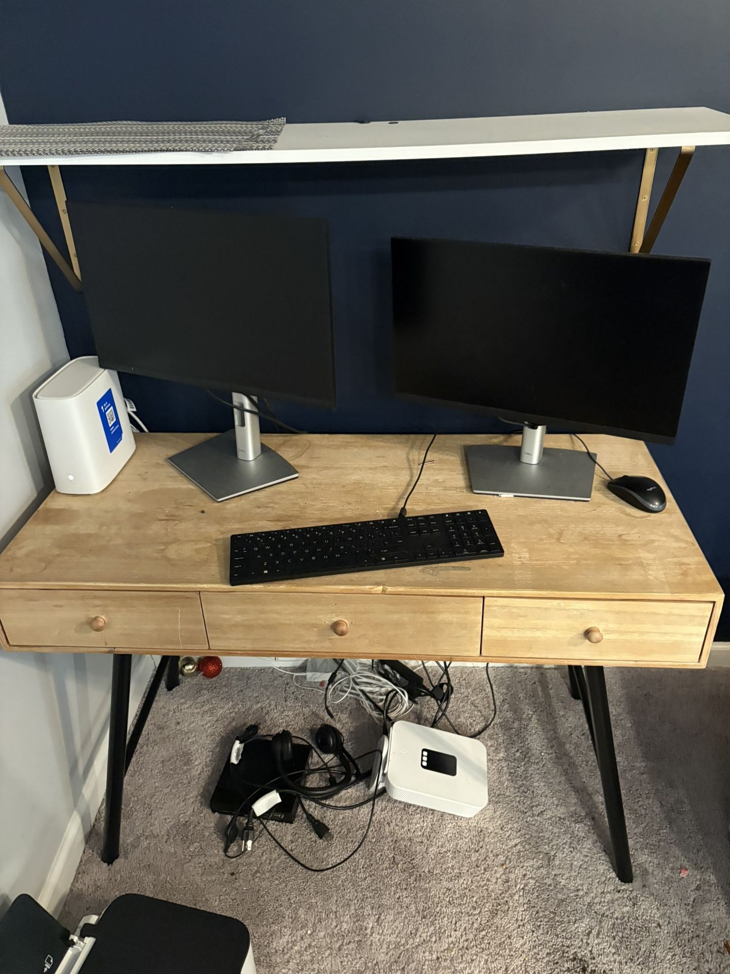 Desk, Two Computer Monitors And Printer 