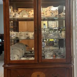 Antique Curio China Cabinet With Drawer Glass Mirror With Light