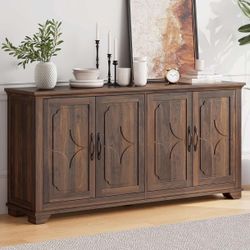 63 Inch Buffet Cabinet with Storage, Large Sideboard Cabinet with 4 Carved Doors, Modern Credenza Storage Cabinets w/Adjustable Shelves for Kitchen, B